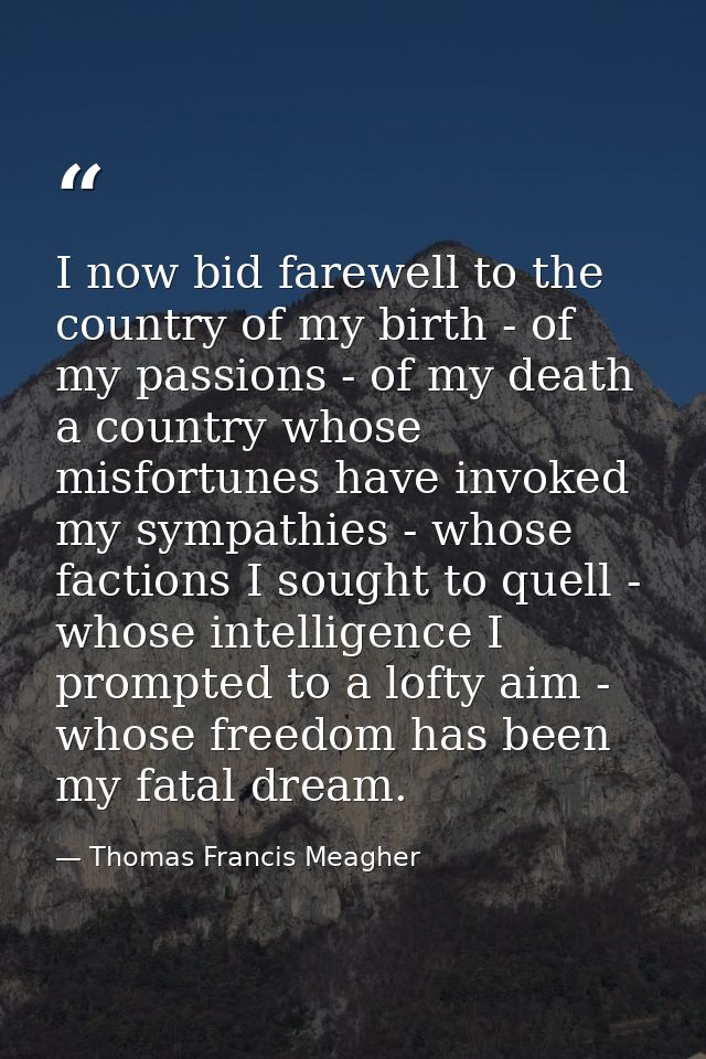 I now bid farewell to the country of my birth - of my passions - of my death a country whose misfortunes have invoked my — Thomas Francis Meagher