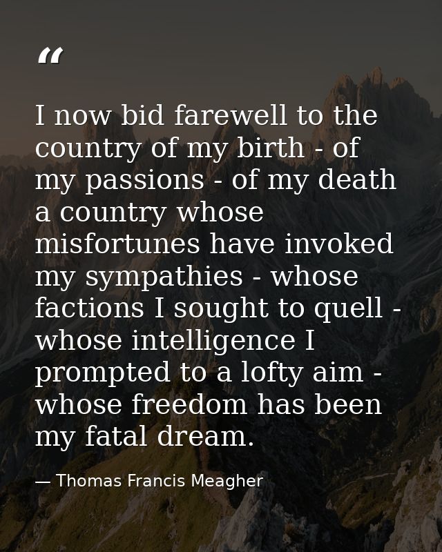 I now bid farewell to the country of my birth - of my passions - of my death a country whose misfortunes have invoked my — Thomas Francis Meagher
