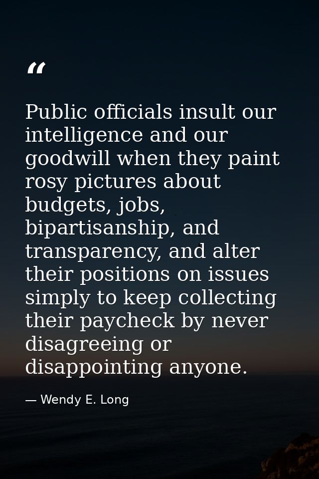 Public officials insult our intelligence and our goodwill when they paint rosy pictures about budgets, jobs, bipartisans — Wendy E. Long