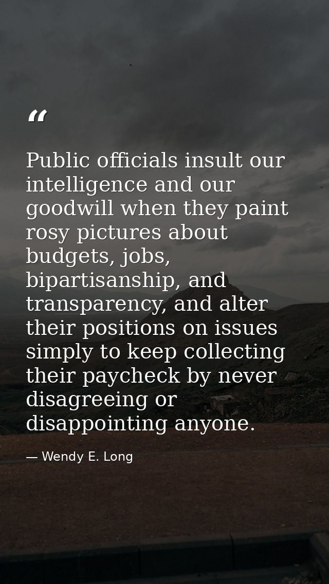Public officials insult our intelligence and our goodwill when they paint rosy pictures about budgets, jobs, bipartisans — Wendy E. Long