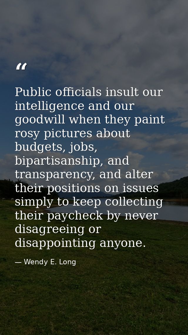 Public officials insult our intelligence and our goodwill when they paint rosy pictures about budgets, jobs, bipartisans — Wendy E. Long