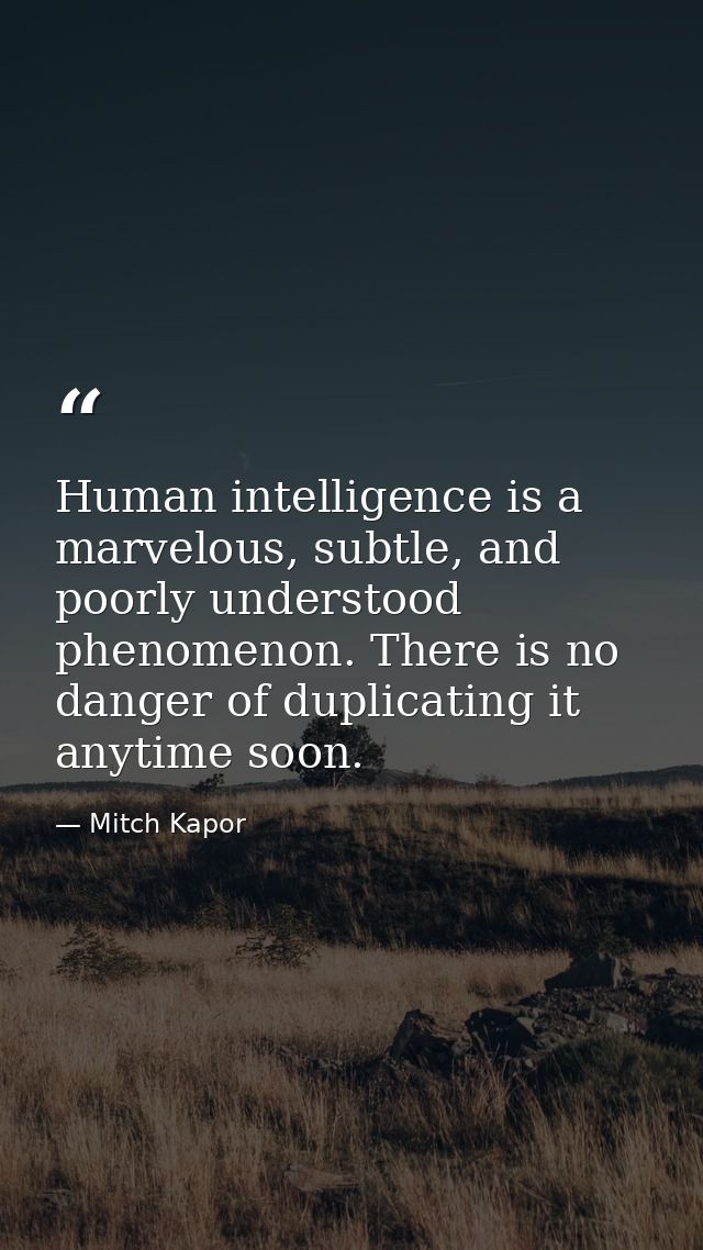 Human intelligence is a marvelous, subtle, and poorly understood phenomenon. There is no danger of duplicating it anytim — Mitch Kapor