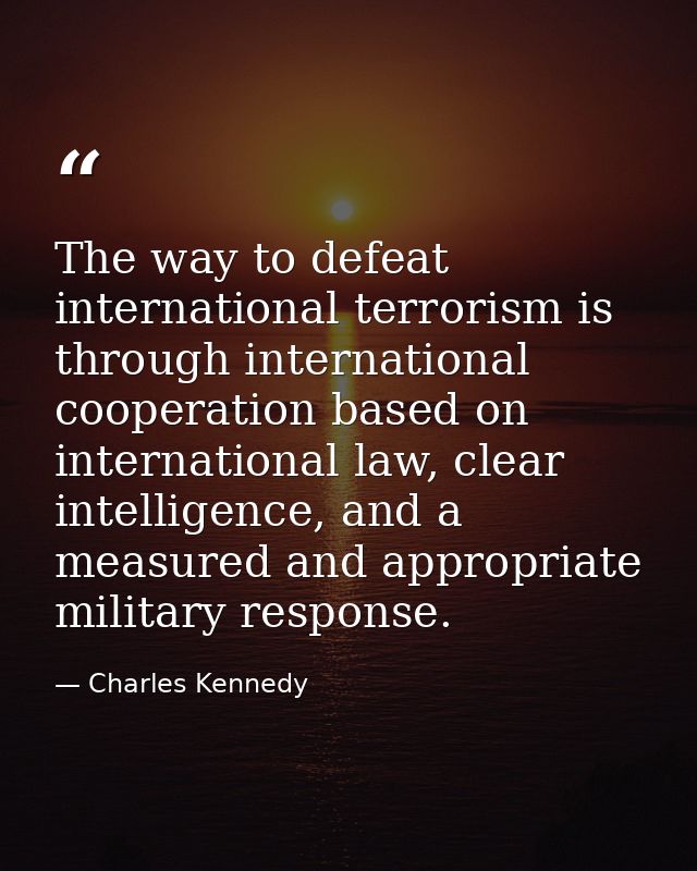 The way to defeat international terrorism is through international cooperation based on international law, clear intelli — Charles Kennedy