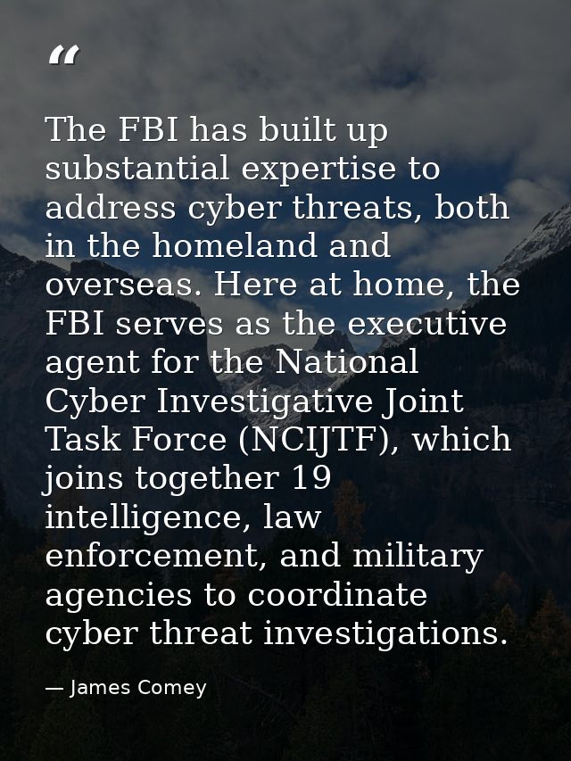 The FBI has built up substantial expertise to address cyber threats, both in the homeland and overseas. Here at home, th — James Comey