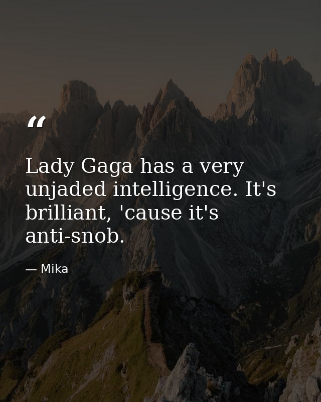 Lady Gaga has a very unjaded intelligence. It's brilliant, 'cause it's anti-snob. — Mika