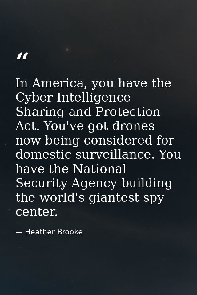 In America, you have the Cyber Intelligence Sharing and Protection Act. You've got drones now being considered for domes — Heather Brooke