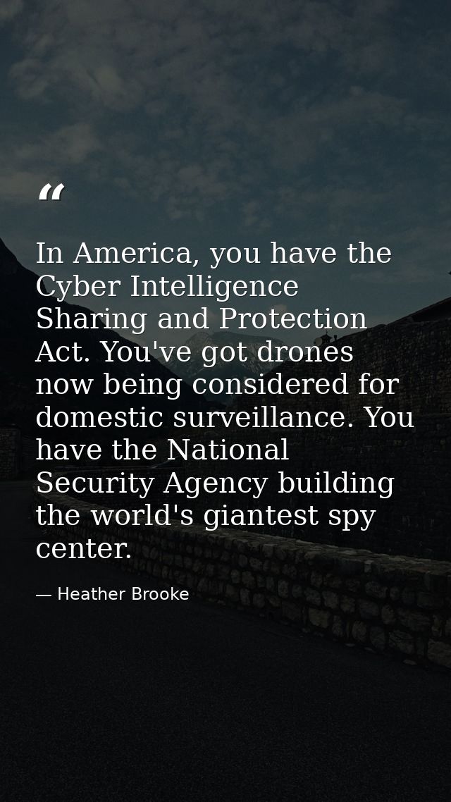 In America, you have the Cyber Intelligence Sharing and Protection Act. You've got drones now being considered for domes — Heather Brooke