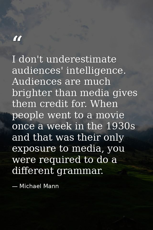 I don't underestimate audiences' intelligence. Audiences are much brighter than media gives them credit for. When people — Michael Mann