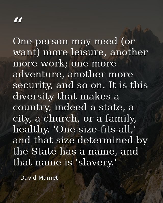 One person may need (or want) more leisure, another more work; one more adventure, another more security, and so on. It  — David Mamet
