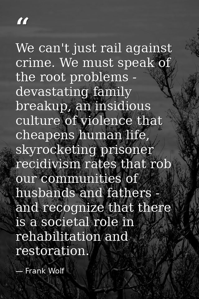 We can't just rail against crime. We must speak of the root problems - devastating family breakup, an insidious culture  — Frank Wolf