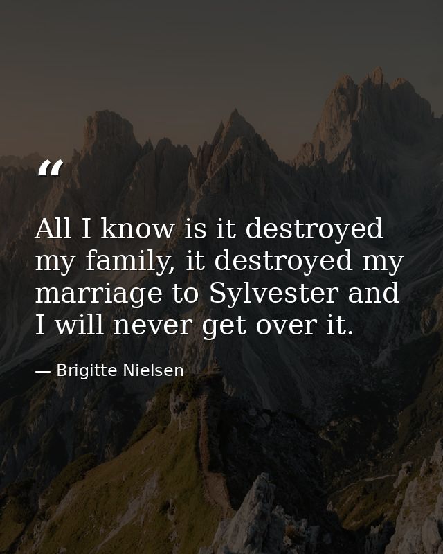 All I know is it destroyed my family, it destroyed my marriage to Sylvester and I will never get over it. — Brigitte Nielsen