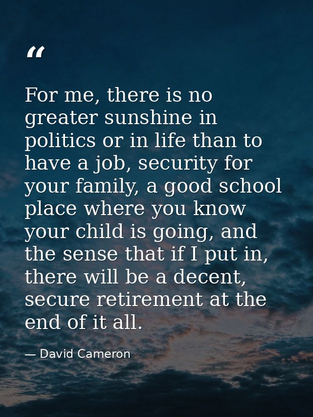 For me, there is no greater sunshine in politics or in life than to have a job, security for your family, a good school  — David Cameron