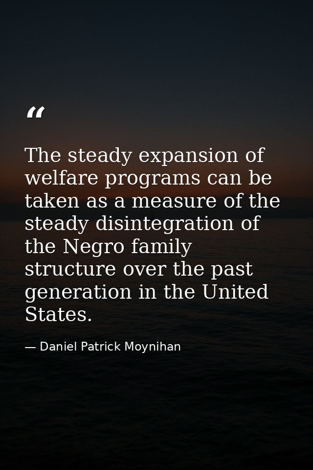 The steady expansion of welfare programs can be taken as a measure of the steady disintegration of the Negro family stru — Daniel Patrick Moynihan