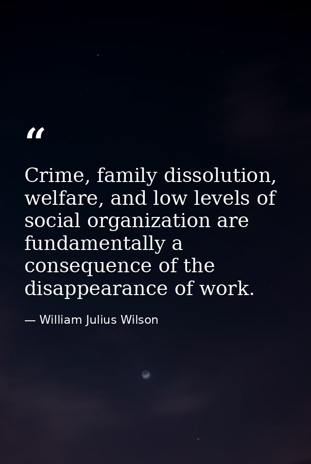 Crime, family dissolution, welfare, and low levels of social organization are fundamentally a consequence of the disappe — William Julius Wilson