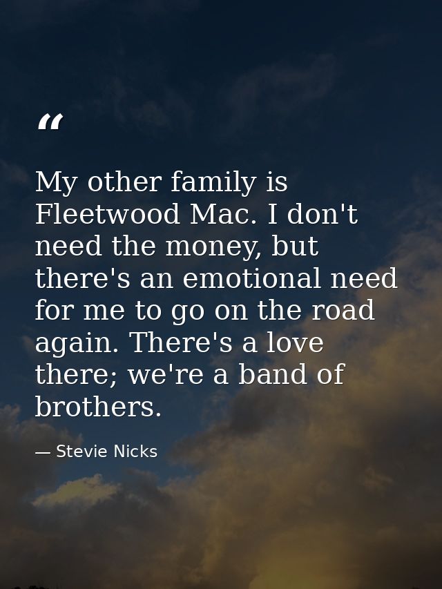 My other family is Fleetwood Mac. I don't need the money, but there's an emotional need for me to go on the road again.  — Stevie Nicks