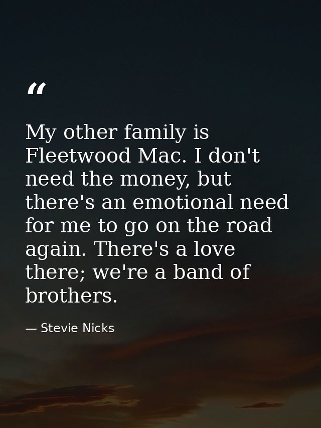 My other family is Fleetwood Mac. I don't need the money, but there's an emotional need for me to go on the road again.  — Stevie Nicks
