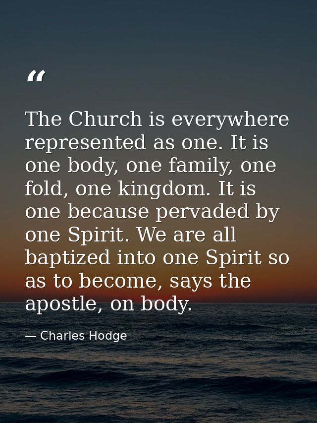 The Church is everywhere represented as one. It is one body, one family, one fold, one kingdom. It is one because pervad — Charles Hodge