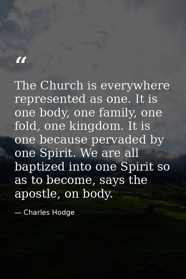 The Church is everywhere represented as one. It is one body, one family, one fold, one kingdom. It is one because pervad — Charles Hodge