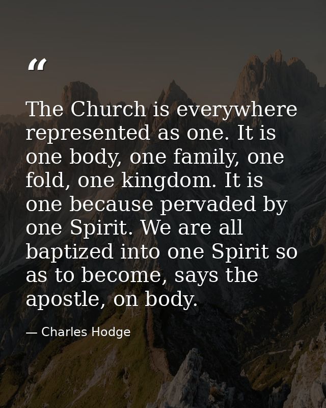 The Church is everywhere represented as one. It is one body, one family, one fold, one kingdom. It is one because pervad — Charles Hodge