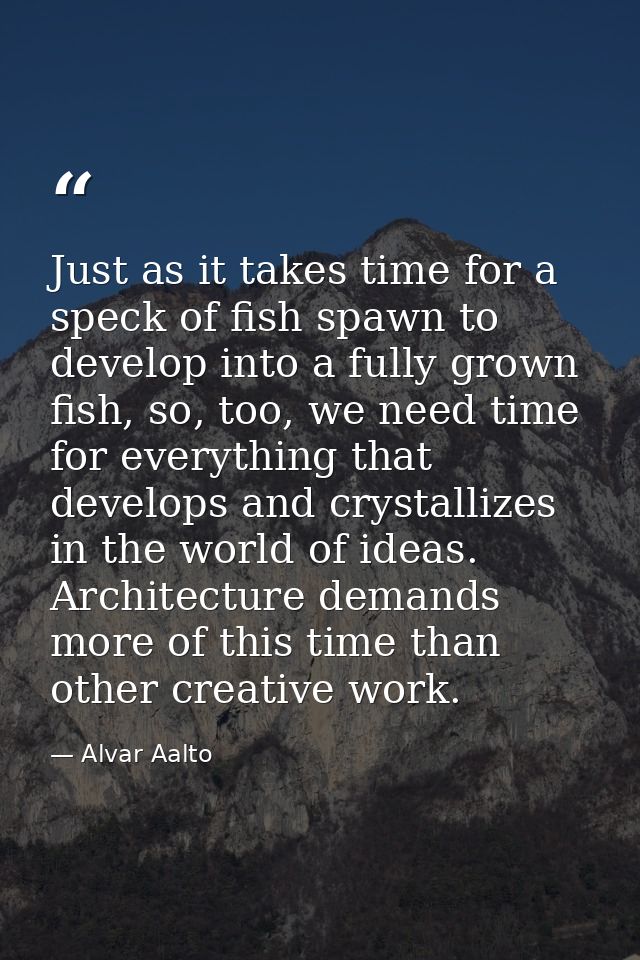 Just as it takes time for a speck of fish spawn to develop into a fully grown fish, so, too, we need time for everything — Alvar Aalto