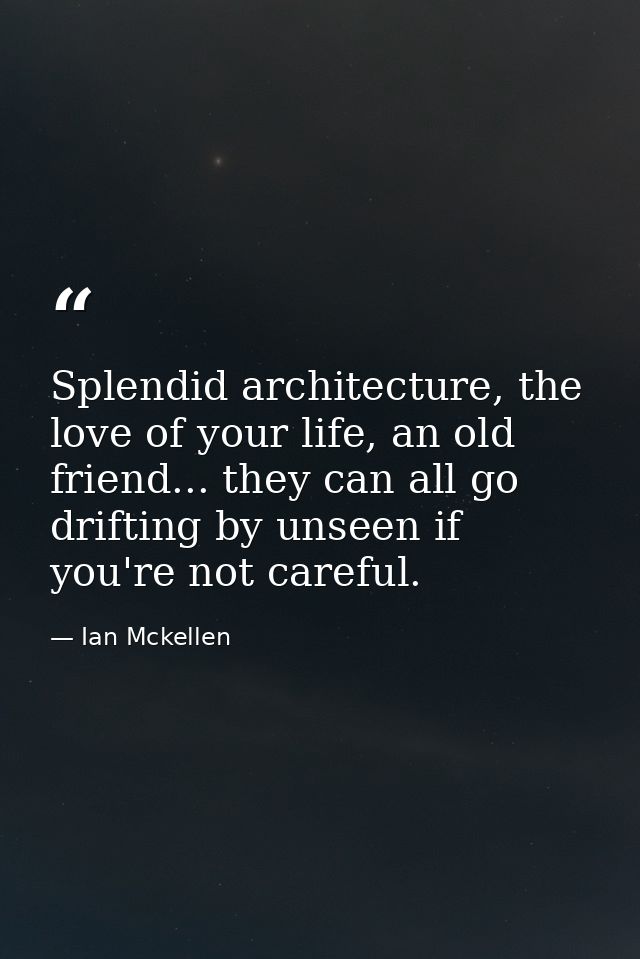 Splendid architecture, the love of your life, an old friend... they can all go drifting by unseen if you're not careful. — Ian Mckellen