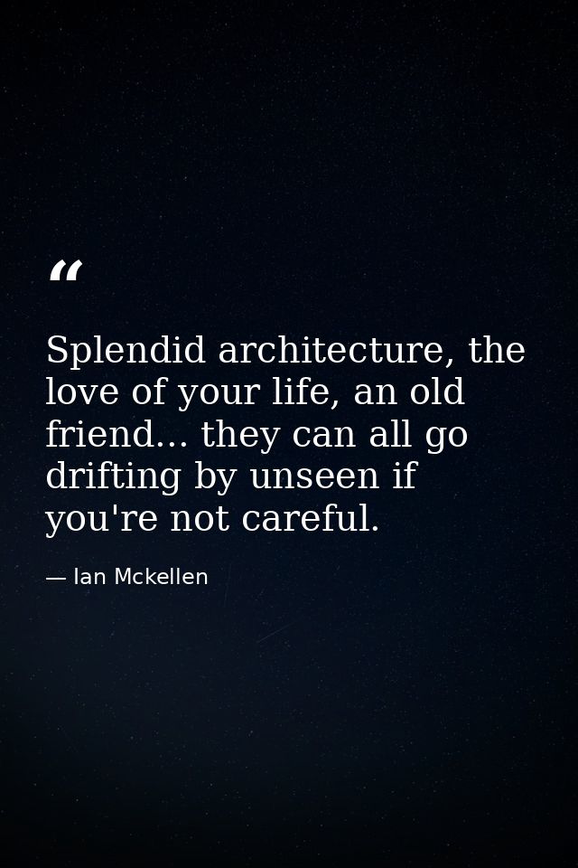 Splendid architecture, the love of your life, an old friend... they can all go drifting by unseen if you're not careful. — Ian Mckellen