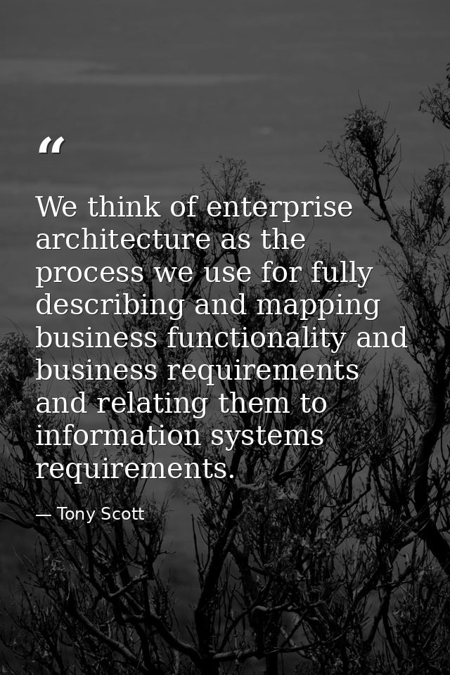 We think of enterprise architecture as the process we use for fully describing and mapping business functionality and bu — Tony Scott