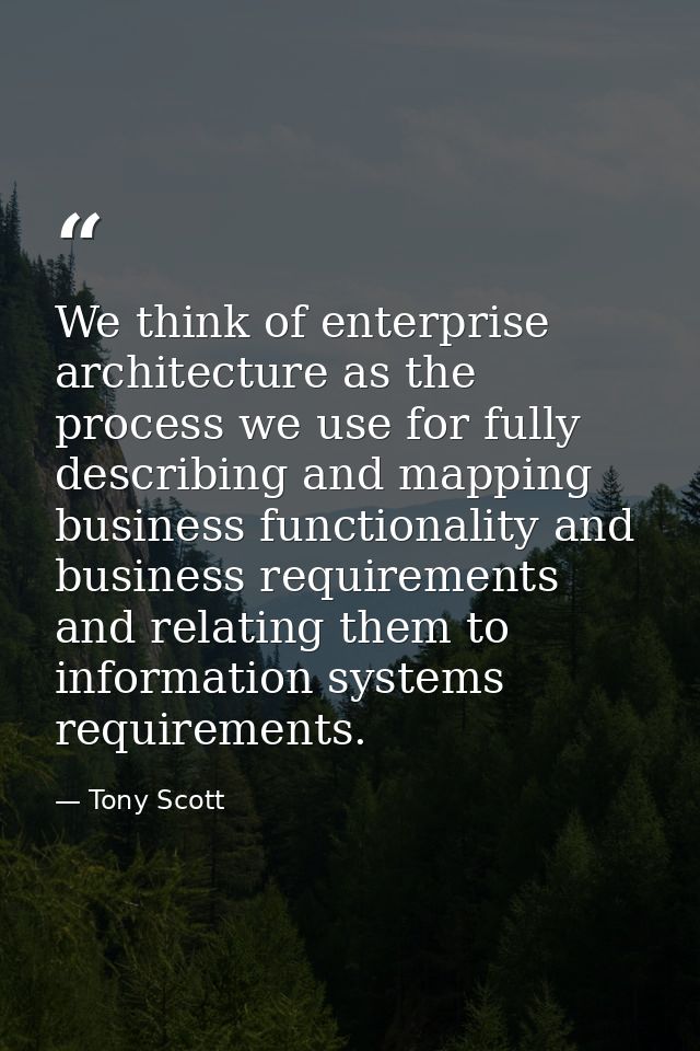 We think of enterprise architecture as the process we use for fully describing and mapping business functionality and bu — Tony Scott