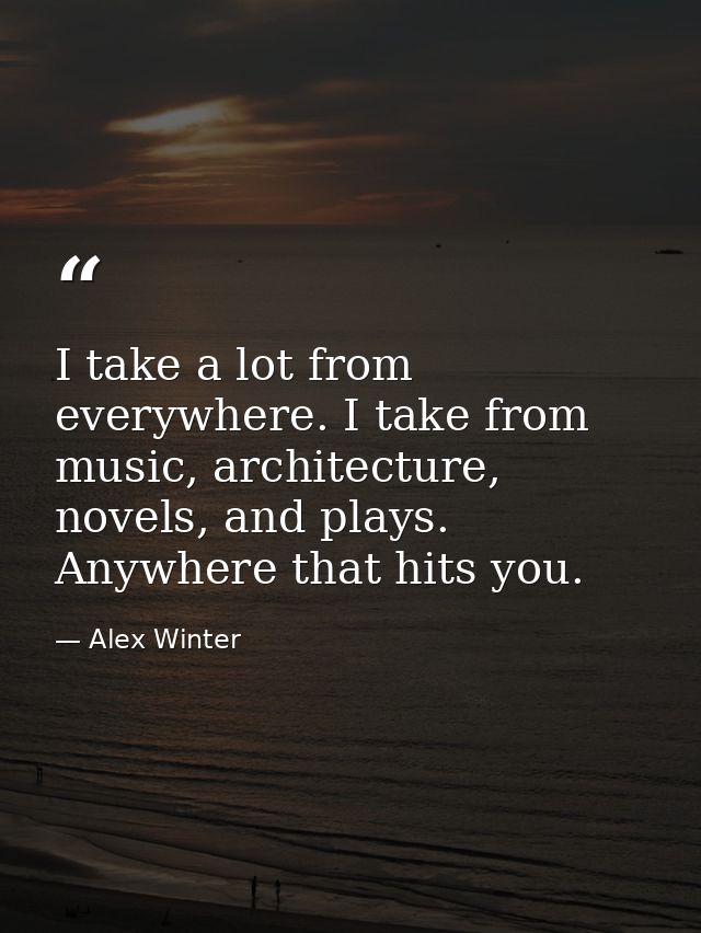 I take a lot from everywhere. I take from music, architecture, novels, and plays. Anywhere that hits you. — Alex Winter