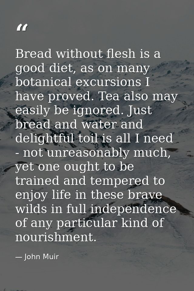 Bread without flesh is a good diet, as on many botanical excursions I have proved. Tea also may easily be ignored. Just  — John Muir