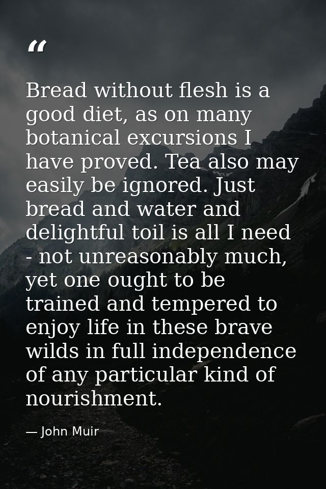Bread without flesh is a good diet, as on many botanical excursions I have proved. Tea also may easily be ignored. Just  — John Muir