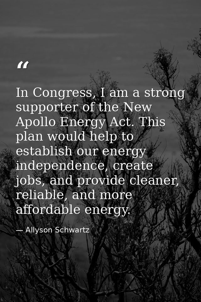 In Congress, I am a strong supporter of the New Apollo Energy Act. This plan would help to establish our energy independ — Allyson Schwartz