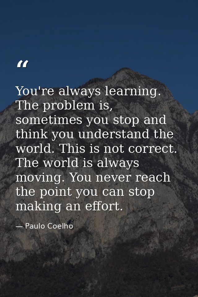 You're always learning. The problem is, sometimes you stop and think you understand the world. This is not correct. The  — Paulo Coelho