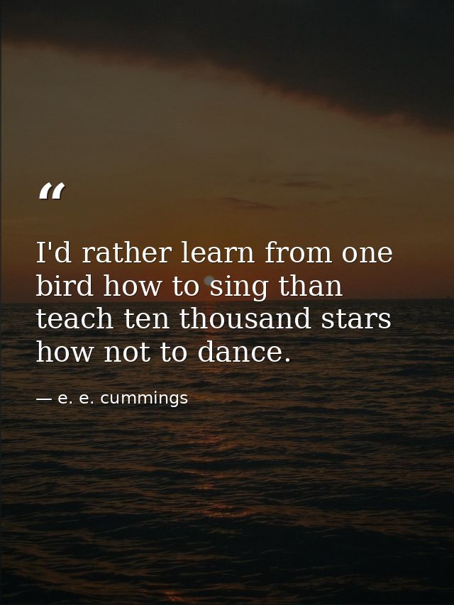 I'd rather learn from one bird how to sing than teach ten thousand stars how not to dance. — e. e. cummings