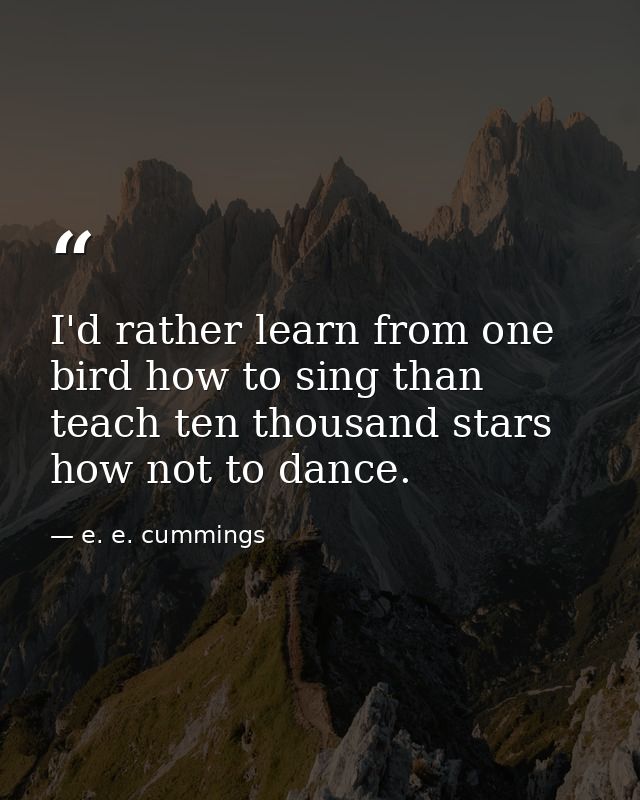 I'd rather learn from one bird how to sing than teach ten thousand stars how not to dance. — e. e. cummings