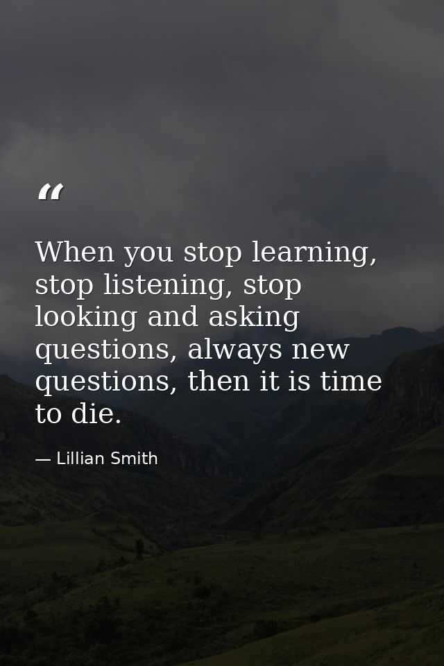When you stop learning, stop listening, stop looking and asking questions, always new questions, then it is time to die. — Lillian Smith