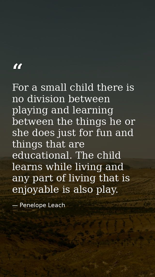 For a small child there is no division between playing and learning between the things he or she does just for fun and t — Penelope Leach