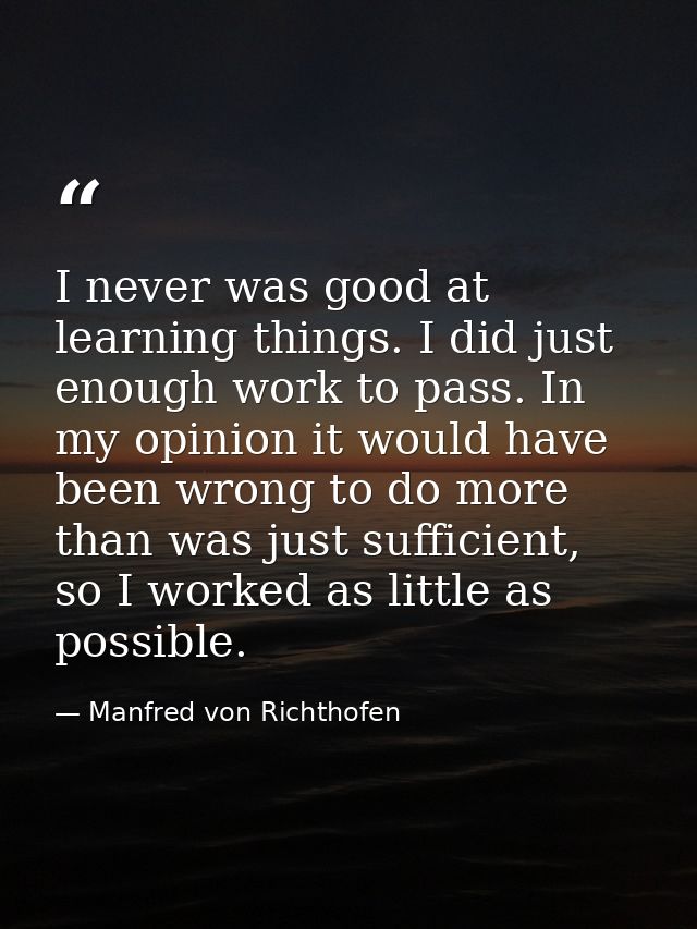 I never was good at learning things. I did just enough work to pass. In my opinion it would have been wrong to do more t — Manfred von Richthofen