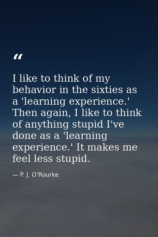 I like to think of my behavior in the sixties as a 'learning experience.' Then again, I like to think of anything stupid — P. J. O'Rourke