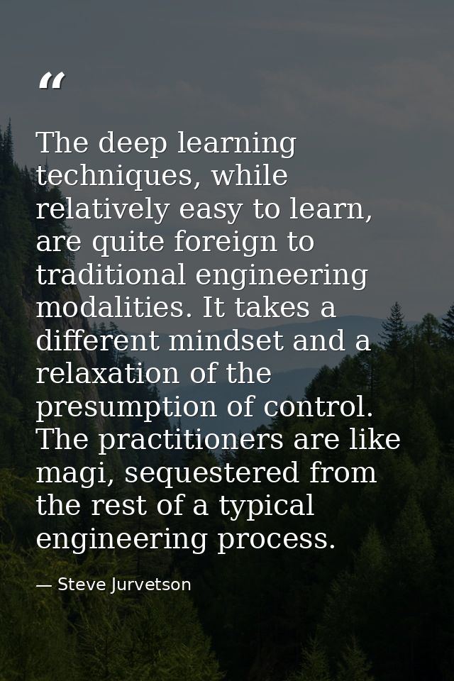 The deep learning techniques, while relatively easy to learn, are quite foreign to traditional engineering modalities. I — Steve Jurvetson