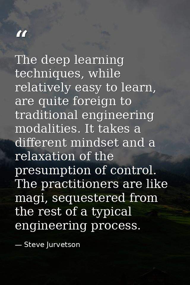 The deep learning techniques, while relatively easy to learn, are quite foreign to traditional engineering modalities. I — Steve Jurvetson