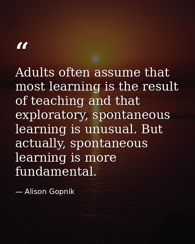 Adults often assume that most learning is the result of teaching and that exploratory, spontaneous learning is unusual.  — Alison Gopnik