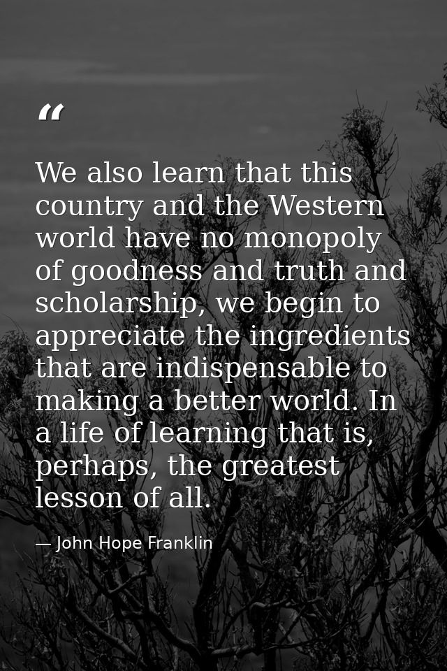 We also learn that this country and the Western world have no monopoly of goodness and truth and scholarship, we begin t — John Hope Franklin