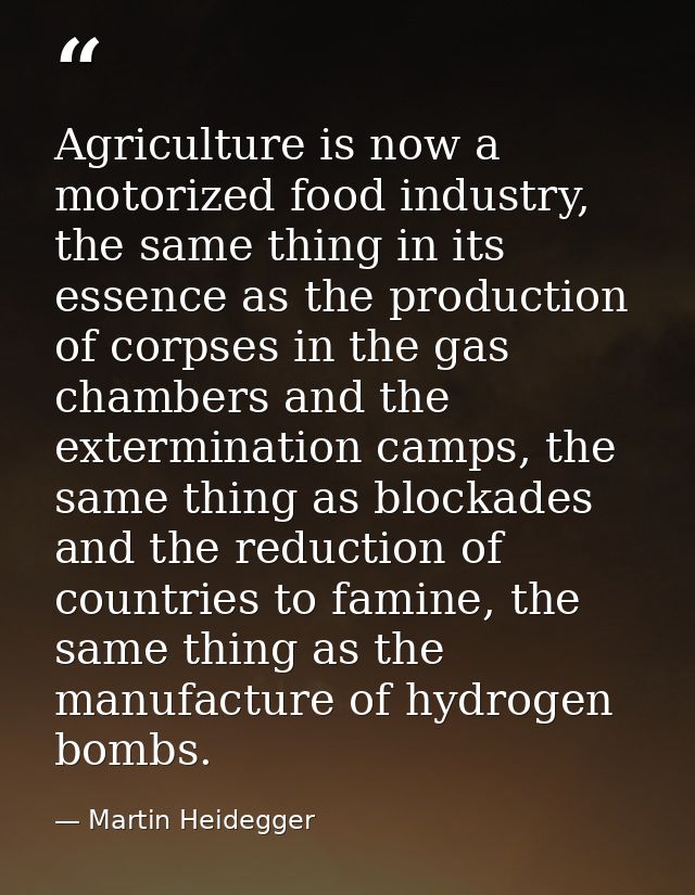 Agriculture is now a motorized food industry, the same thing in its essence as the production of corpses in the gas cham — Martin Heidegger