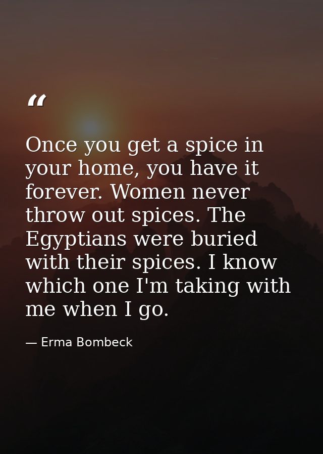 Once you get a spice in your home, you have it forever. Women never throw out spices. The Egyptians were buried with the — Erma Bombeck