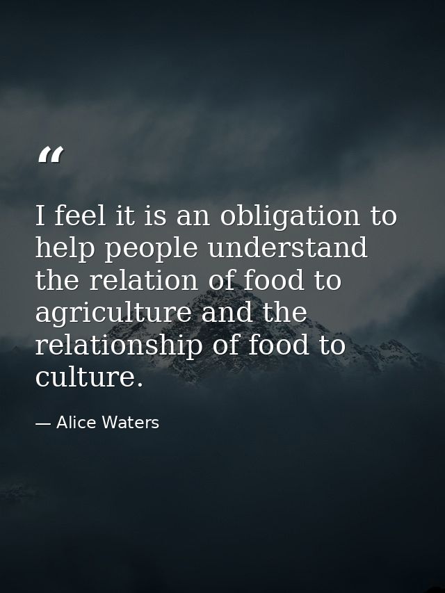 I feel it is an obligation to help people understand the relation of food to agriculture and the relationship of food to — Alice Waters