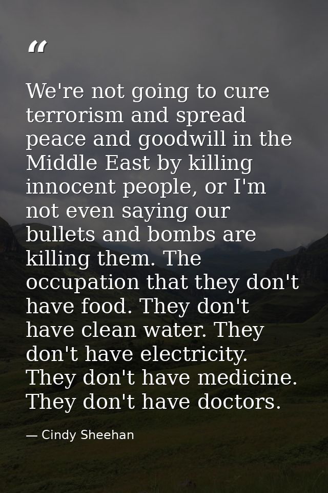 We're not going to cure terrorism and spread peace and goodwill in the Middle East by killing innocent people, or I'm no — Cindy Sheehan