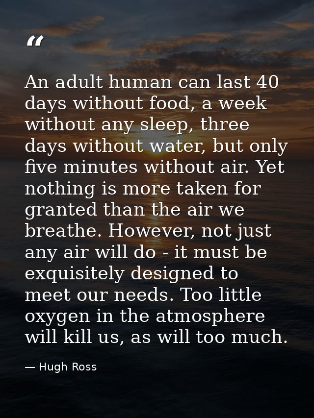 An adult human can last 40 days without food, a week without any sleep, three days without water, but only five minutes  — Hugh Ross