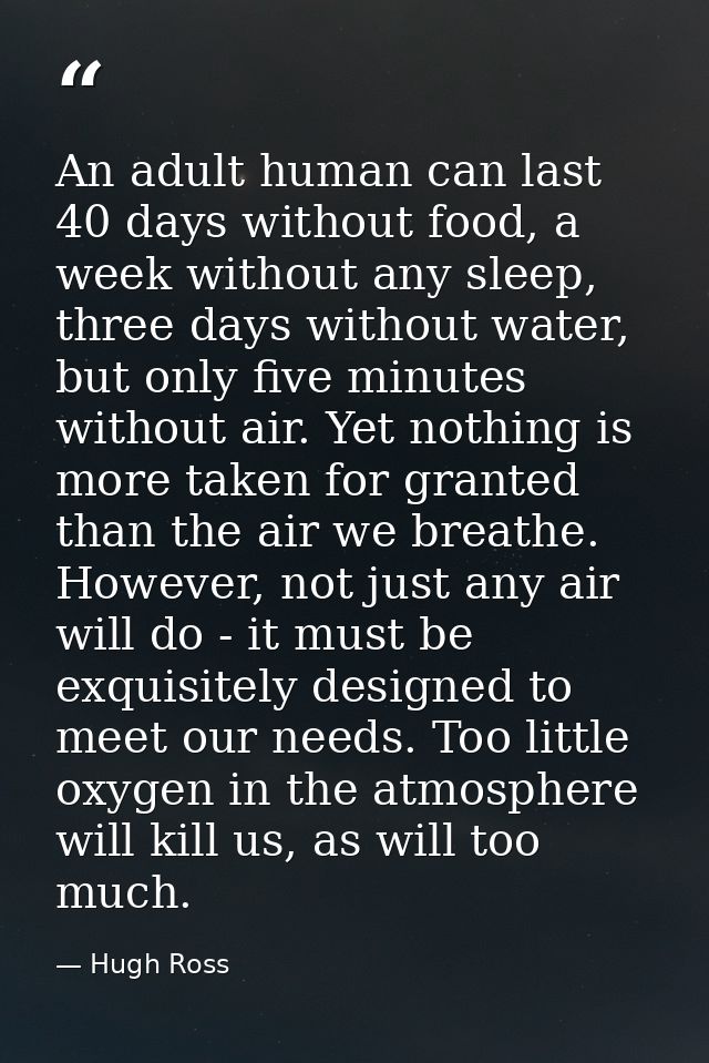 An adult human can last 40 days without food, a week without any sleep, three days without water, but only five minutes  — Hugh Ross
