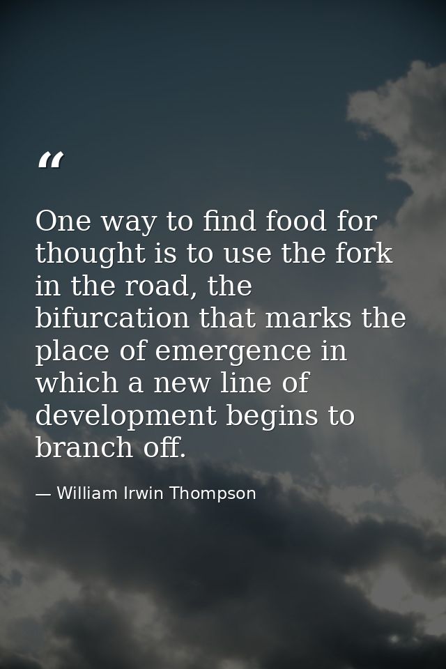 One way to find food for thought is to use the fork in the road, the bifurcation that marks the place of emergence in wh — William Irwin Thompson
